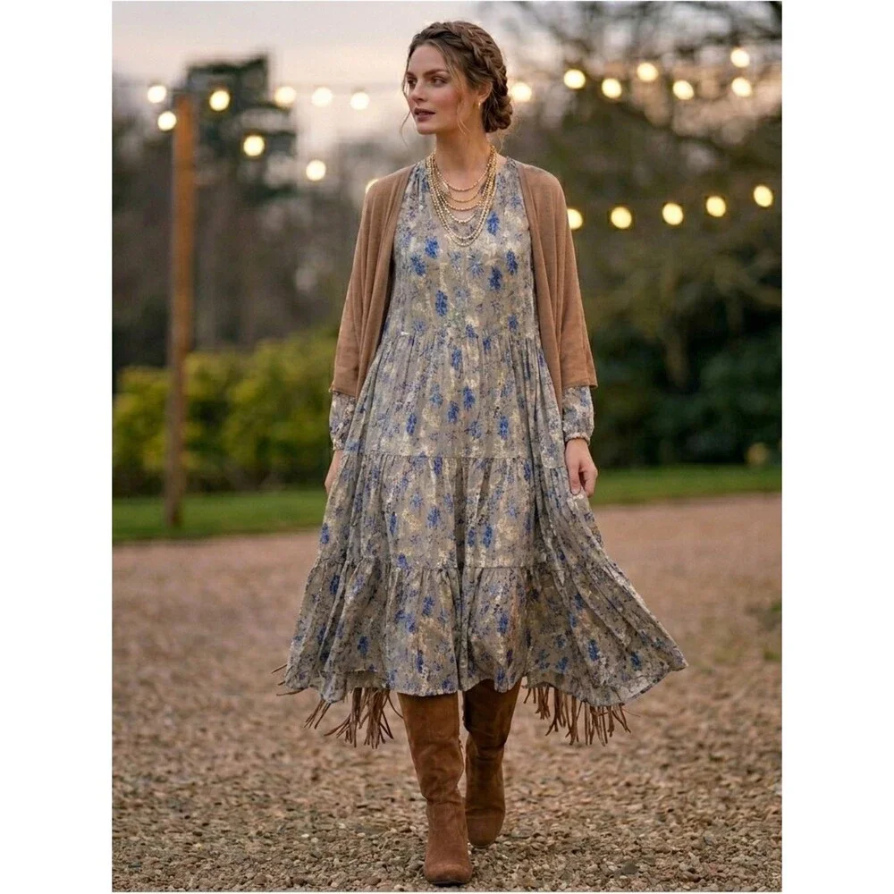 A New Day Women’s Long-Sleeve Mock Neck Floral Print  3 Tiered Maxi Dress – XS